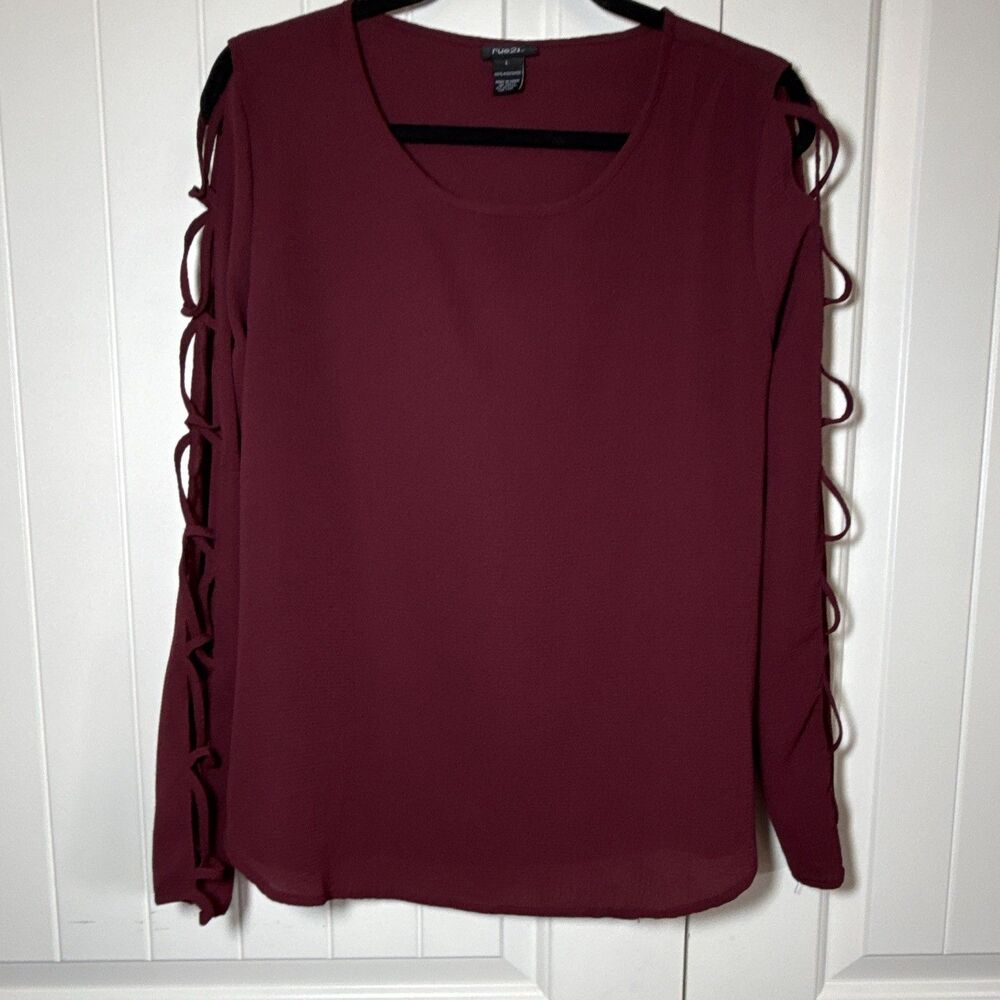 rue21 Burgundy Chiffon Cut-Out Sleeve Round Neck Long Sleeve Blouse L